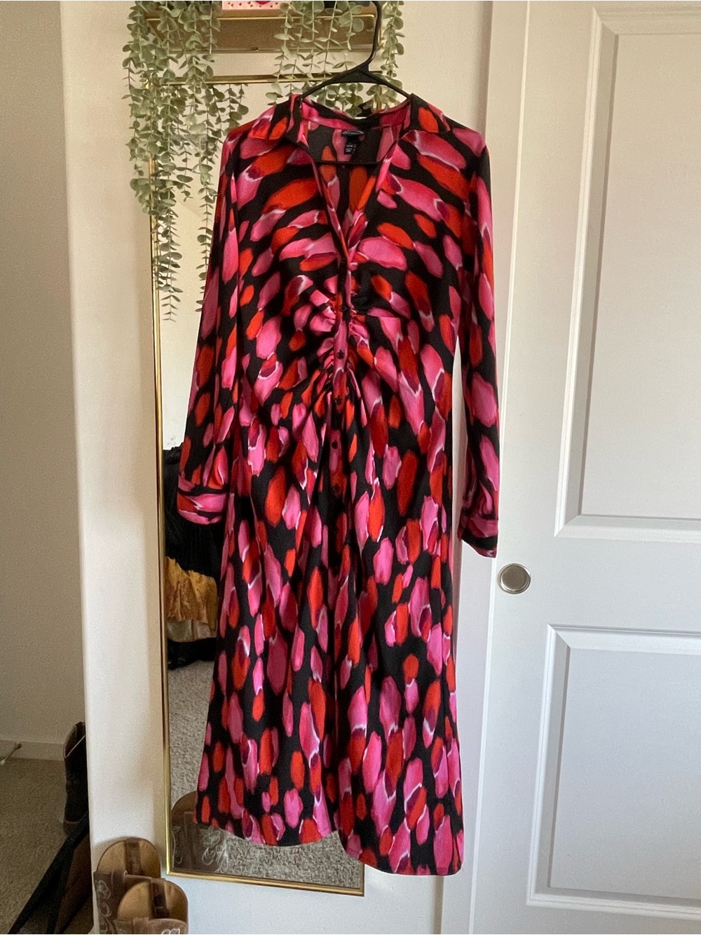 Midi Dress in Pink & Red Abstract Print - Women's Long Sleeve